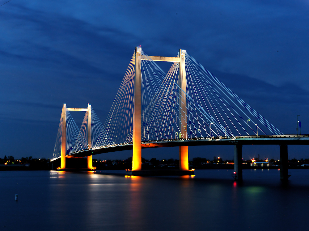 Benton-Franklin Inter-County Bridge lit up over the Columbia River in Kennewick, WA