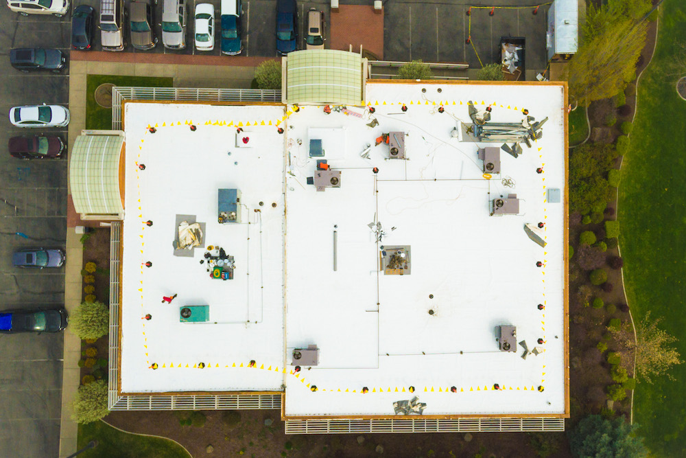 Aerial View Commercial Flat Roof Replacement, Pacific Northwest