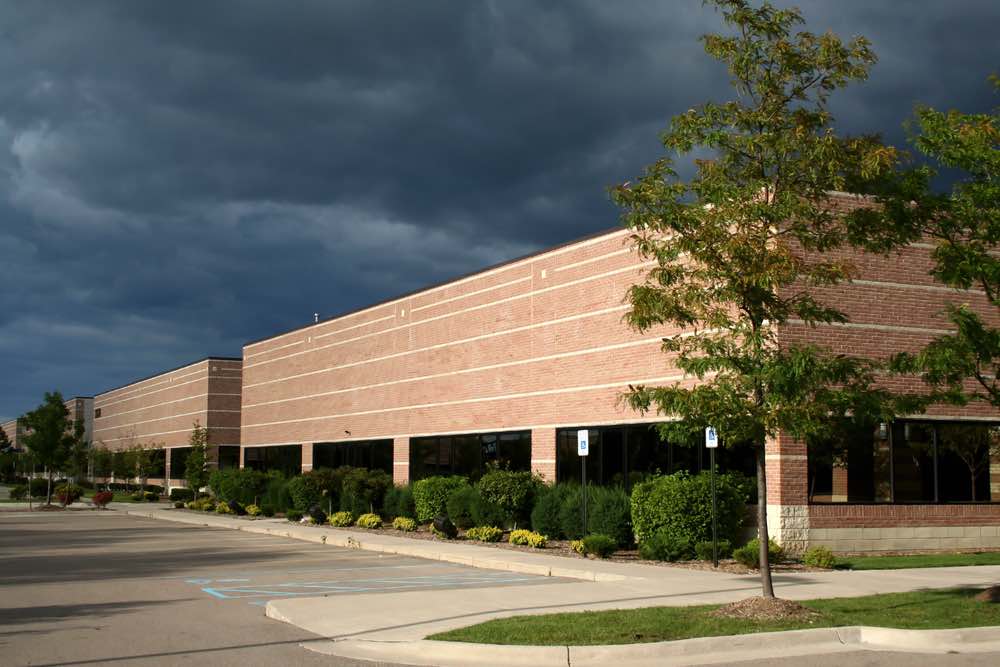 Commercial office complex comprising single-story brick buildings