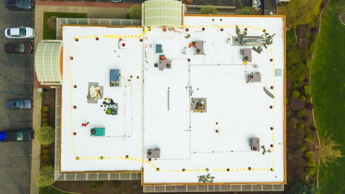 Aerial View Commercial Flat Roof Replacement, Pacific Northwest